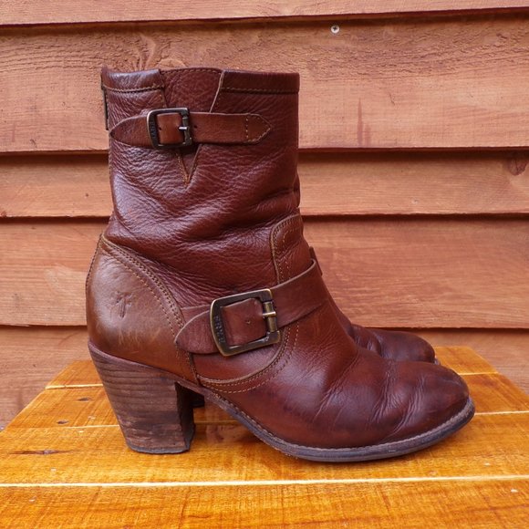 Frye Shoes - Frye Karla Engineer Short Brown Leather Heeled Back Zip Women's Boots Size 7